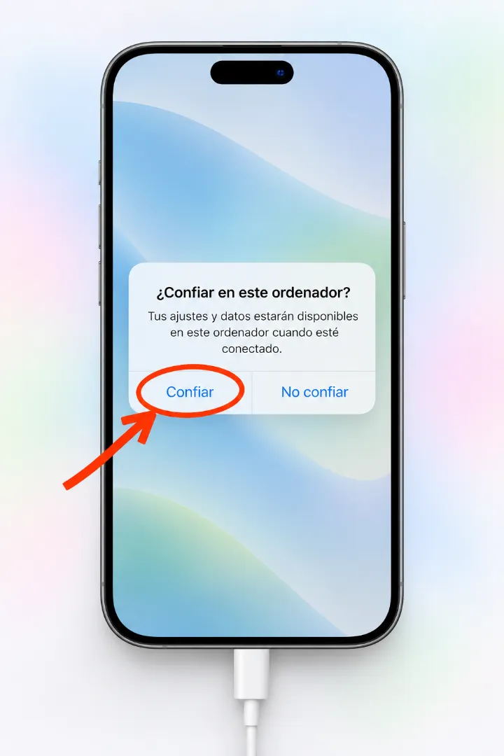 iPhone con el aviso «¿Confiar en este ordenador?»: toca «Confiar»