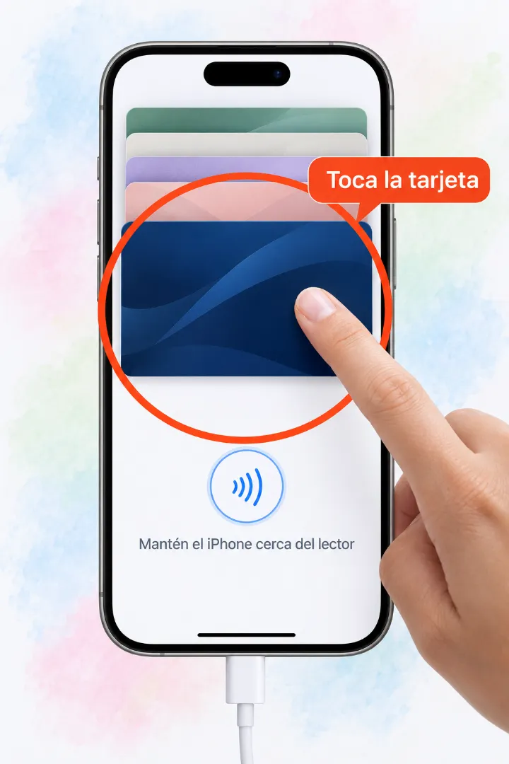 iPhone con la app Cartera abierta: toca la tarjeta que quieres cambiar