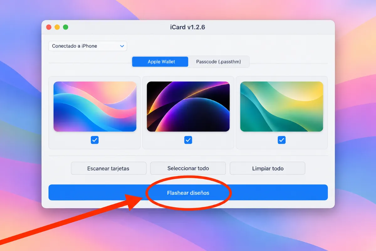 Ventana de iCard para Mac: toca «Flashear diseños»