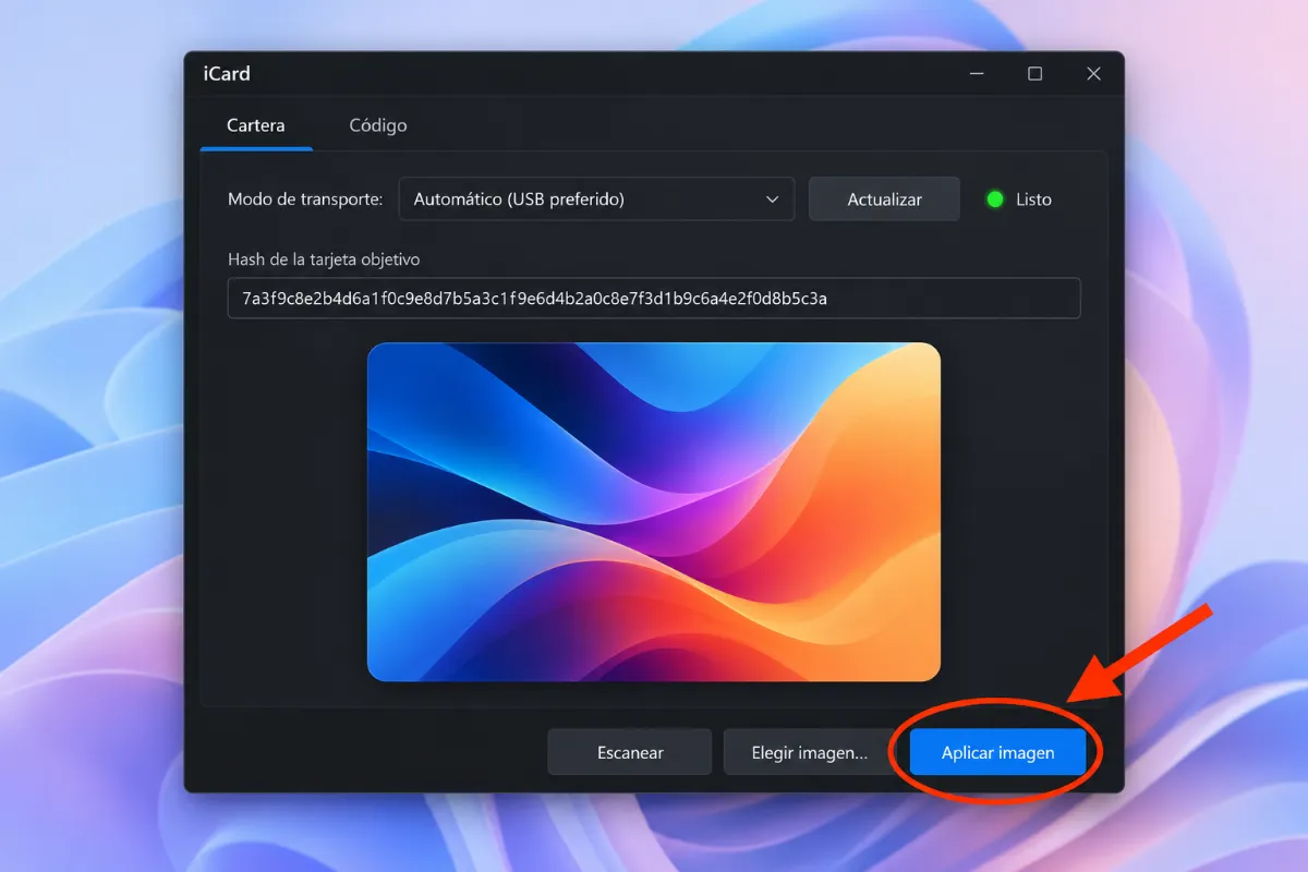 Ventana de iCard para Windows: toca «Aplicar imagen»
