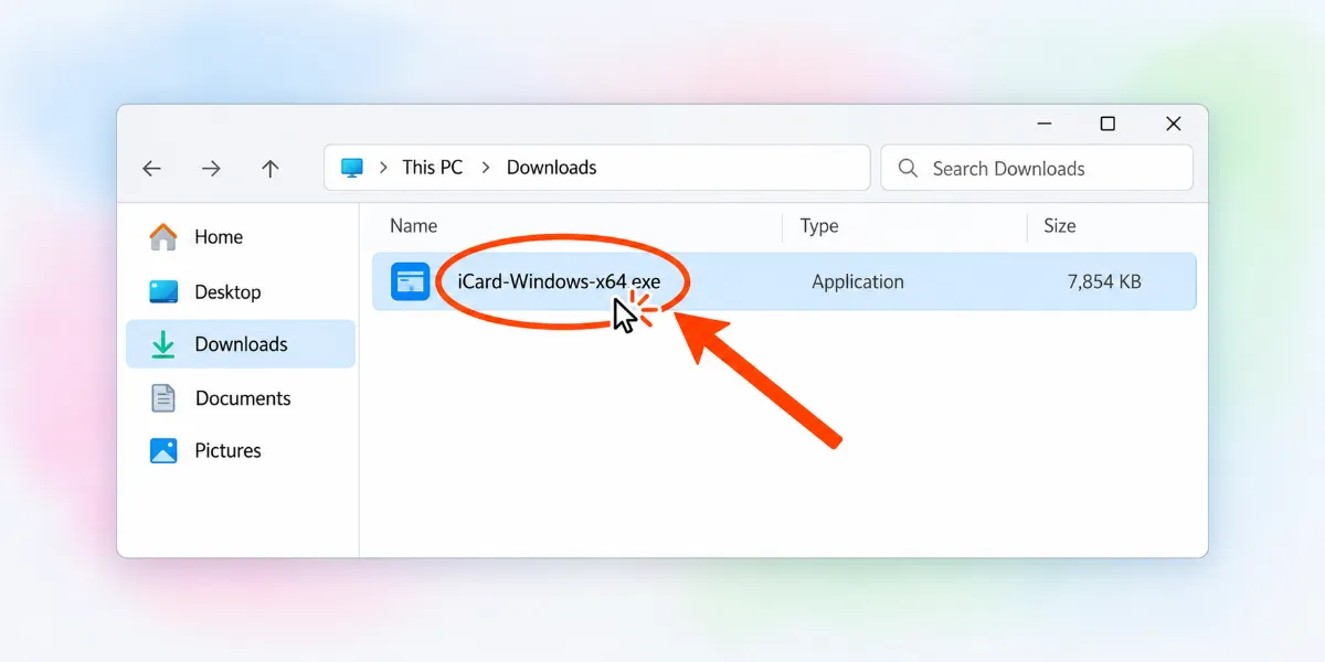 Downloads folder with iCard-Windows-x64.exe highlighted: double-click it