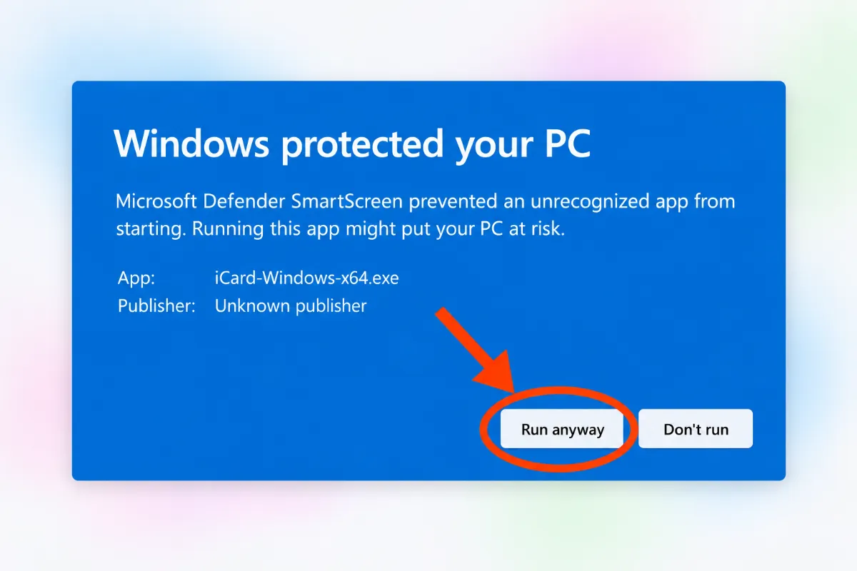Expanded blue screen: click “Run anyway”